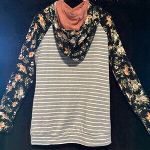 Vanilla Bay Blue Floral and Grey Striped pullover hoodie